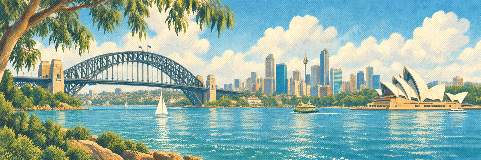 An illustration of Sydney Harbour, with the Harbour Bridge, Opera House and a sailboat on the water.